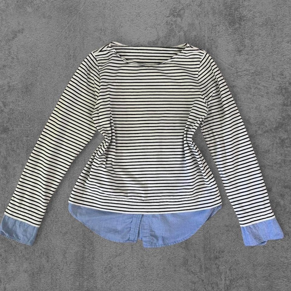 J.Crew Womens Striped Layered Look Long Sleeve Boat Neck Knit Top Black White